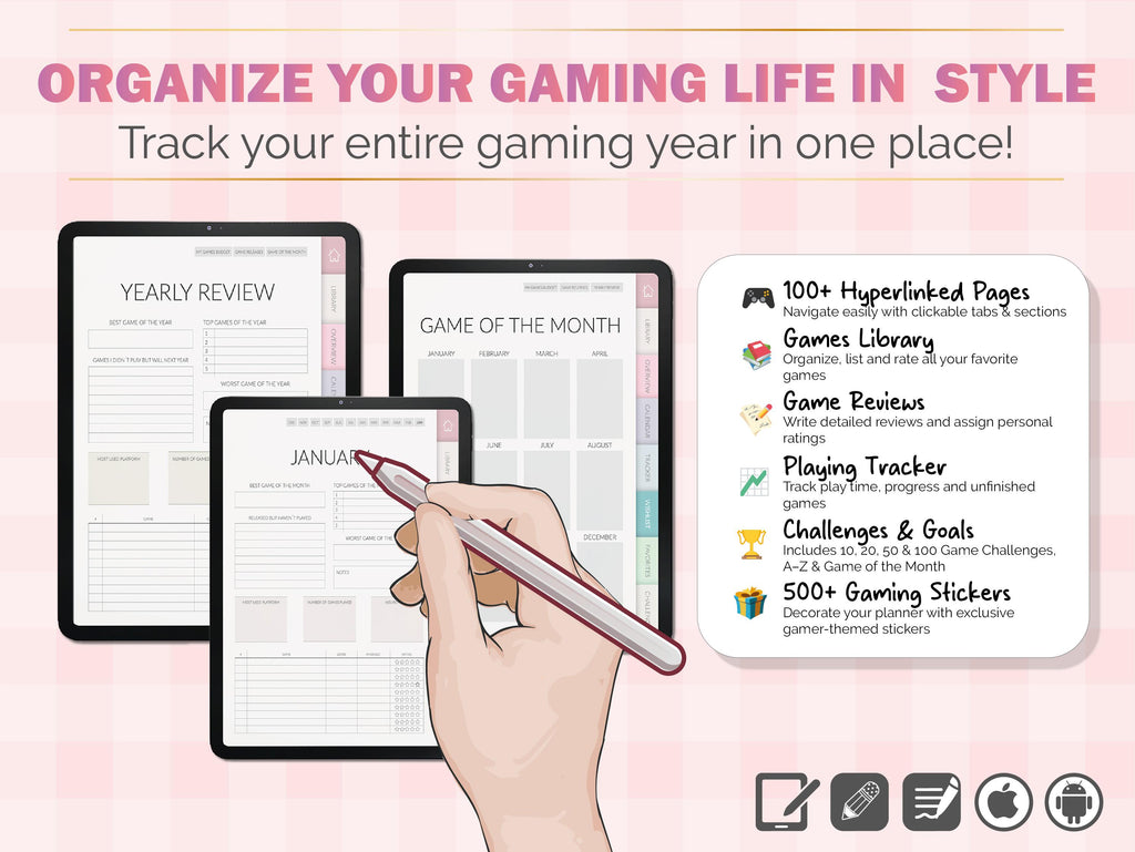 Digital Gaming Journal for Gamers | GoodNotes Planner + 500 Stickers | Game Tracker | Wishlist | Backlog