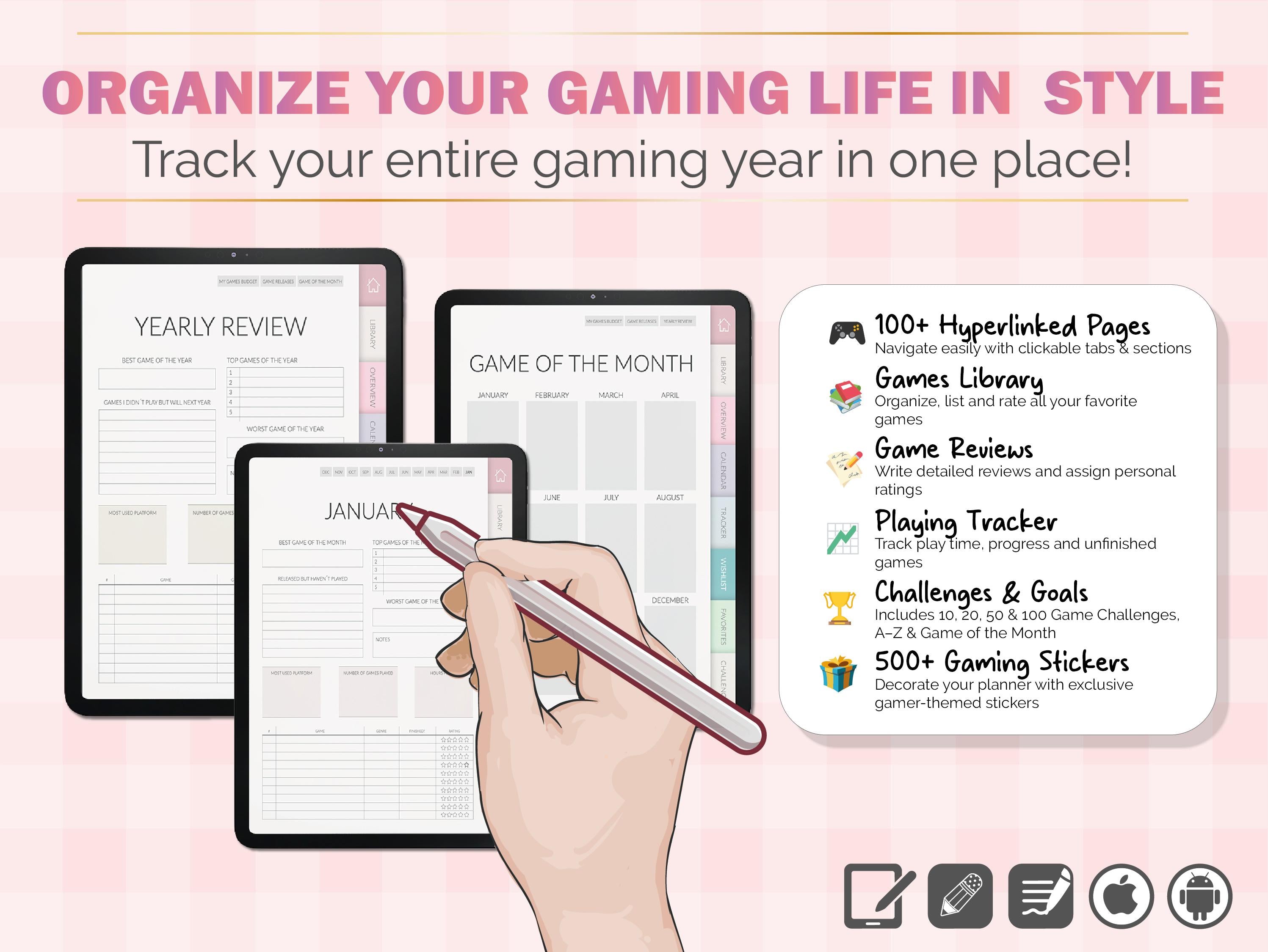 Digital Gaming Journal for Gamers | GoodNotes PDF Planner + 500 Stickers | Game Tracker | Wishlist | Backlog