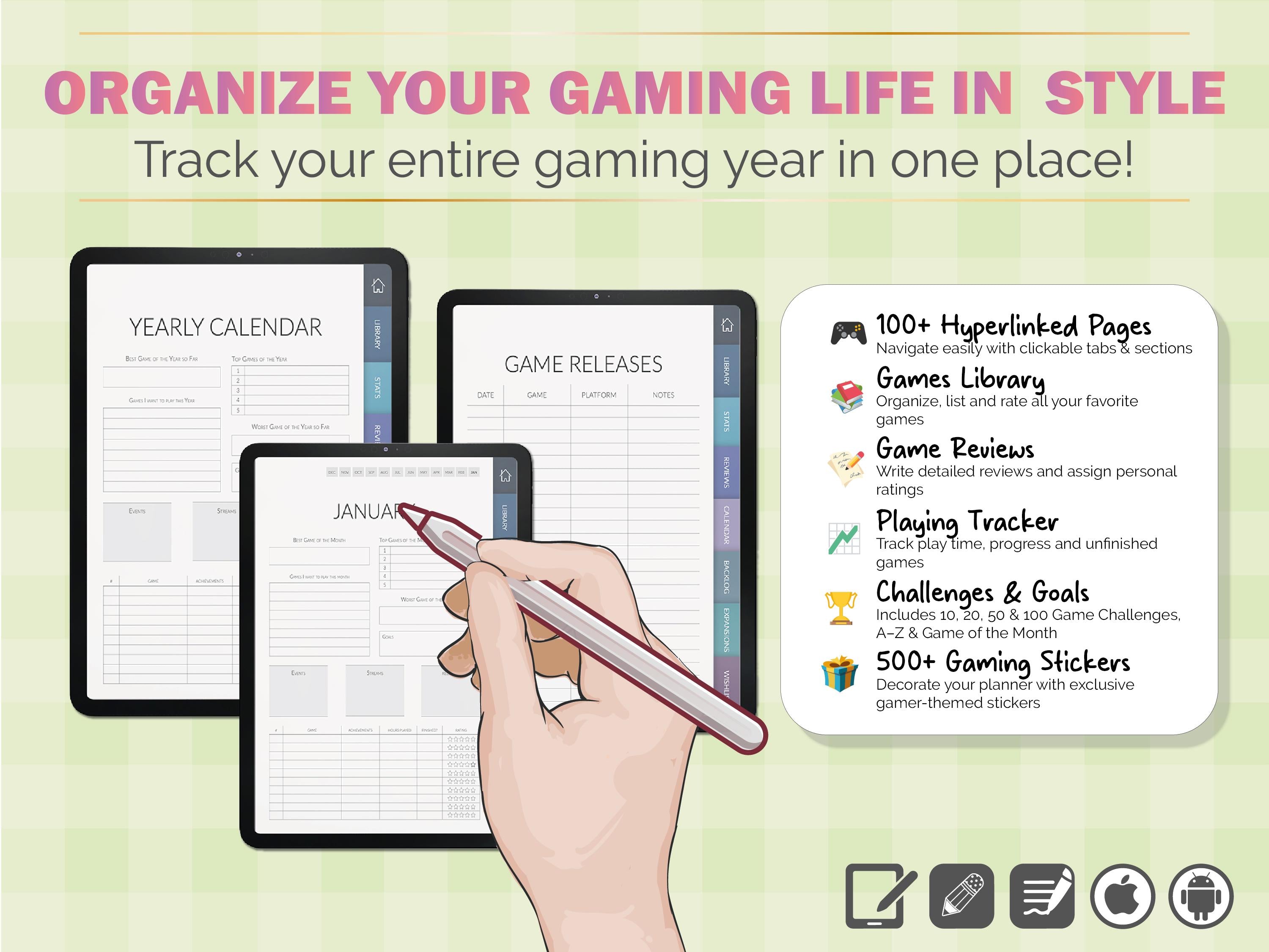 Gaming Journal PRO: Interactive Gamer Logbook + 500 Stickers (GoodNotes)