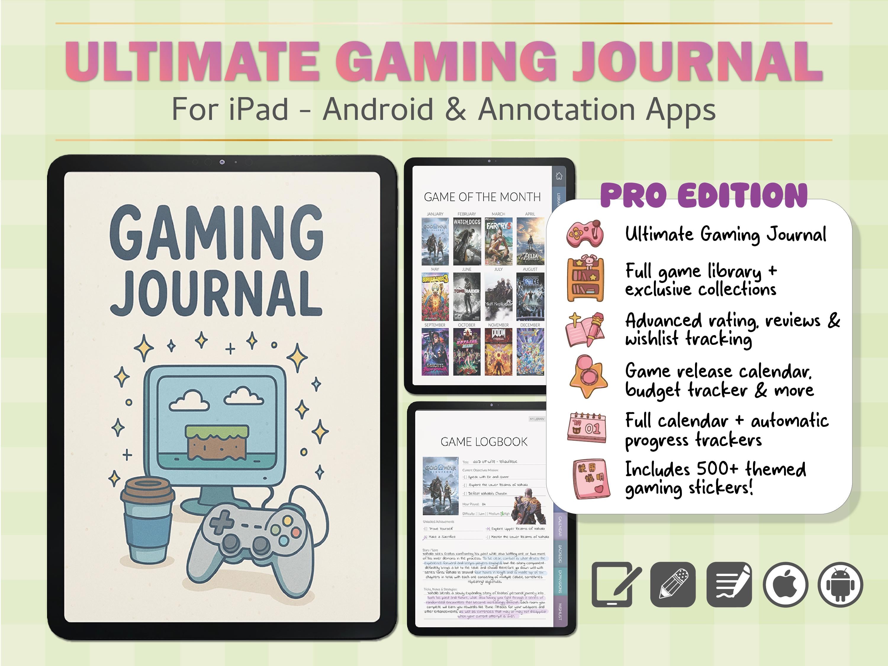 Gaming Journal PRO: Interactive Gamer Logbook + 500 Stickers (GoodNotes)