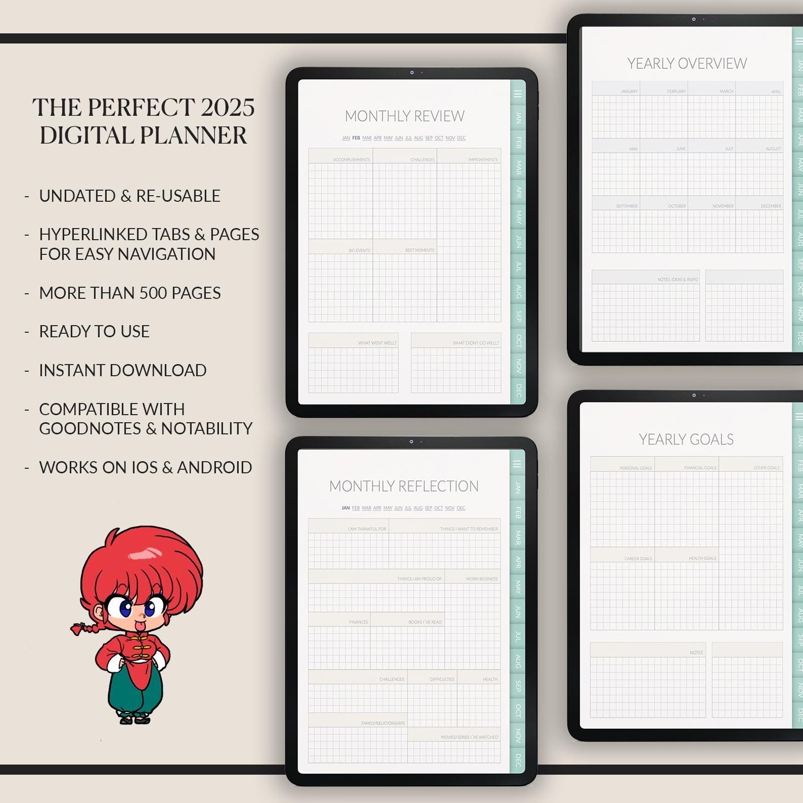 Undated Manga Style Daily Planner: iPad GoodNotes Compatible +500 Stickers