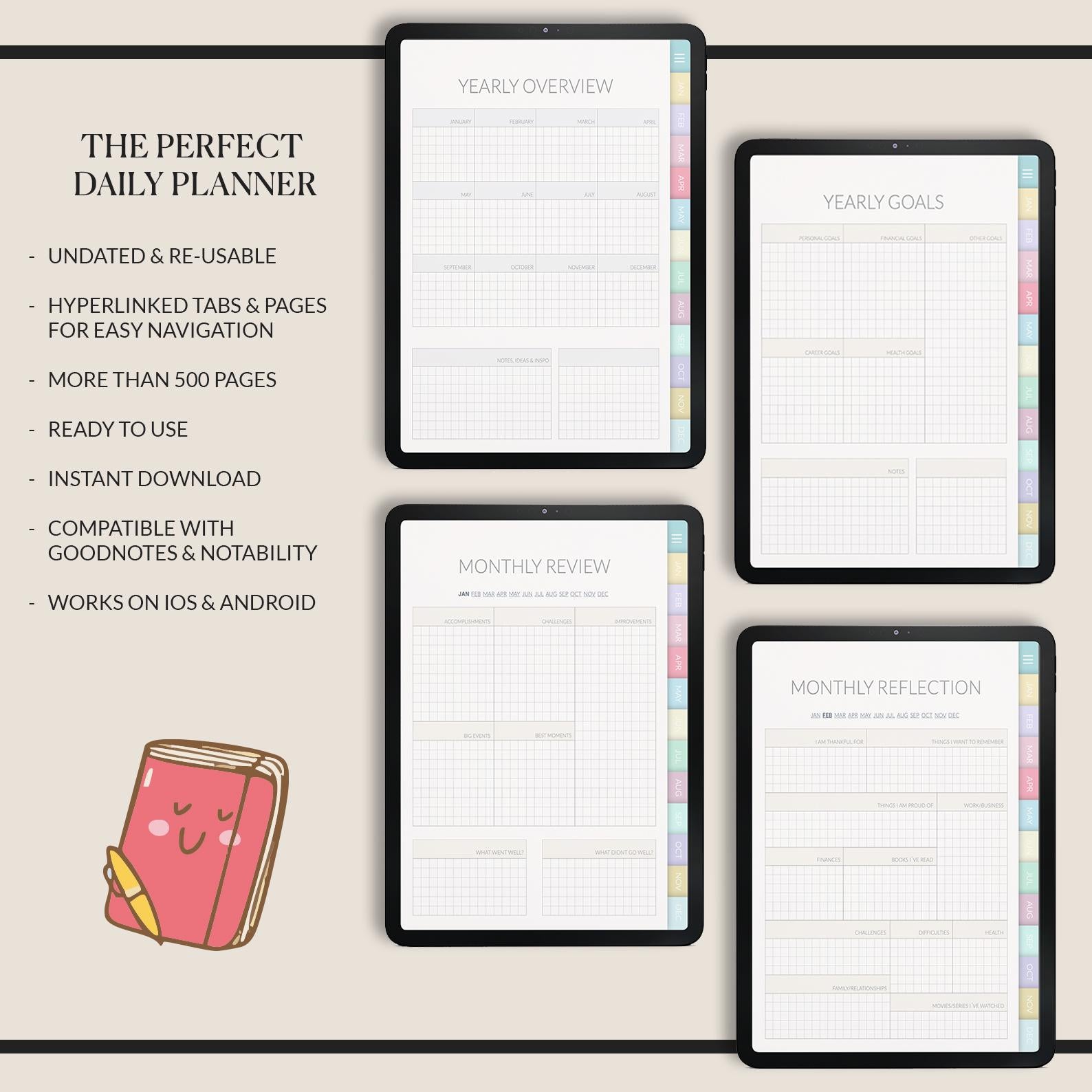 Undated Kawaii Daily Planner: iPad GoodNotes Compatible +500 Digital Stickers