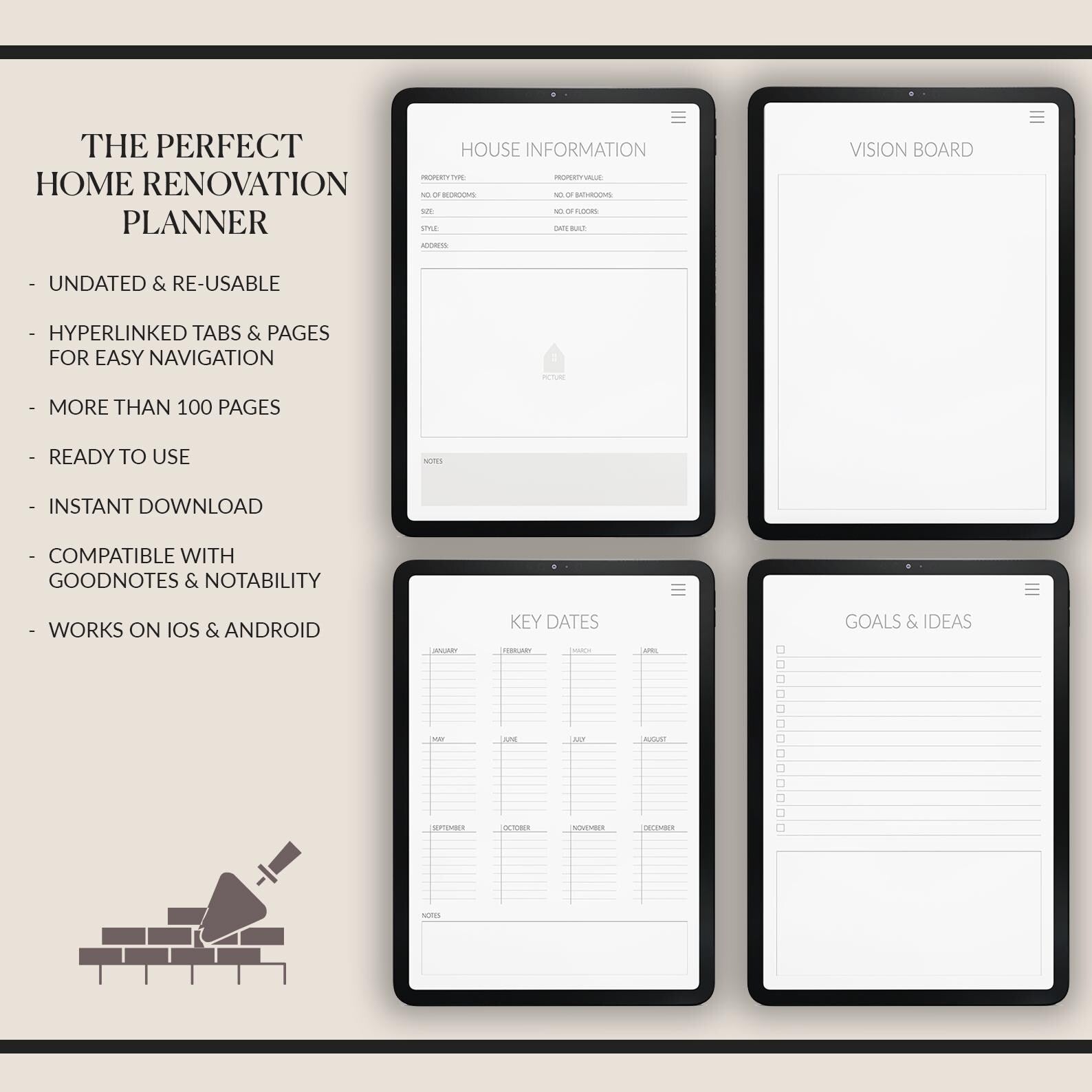 Home Renovation Planner: Project Management, Budget Tracker (500+ Stickers)