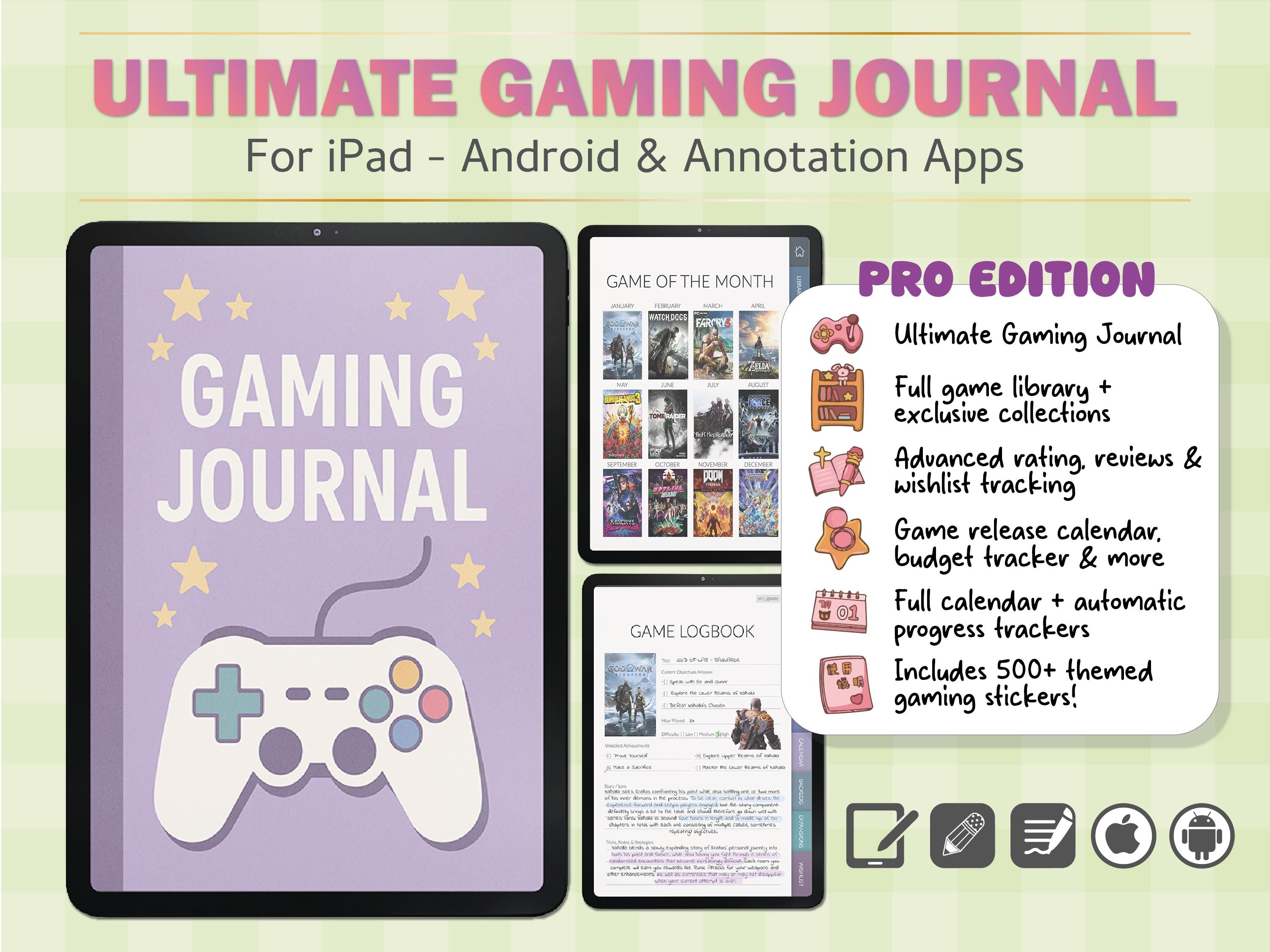Gaming Journal PRO for Gamers | GoodNotes Planner + 500 Stickers | Game Tracker | Wishlist | Backlog