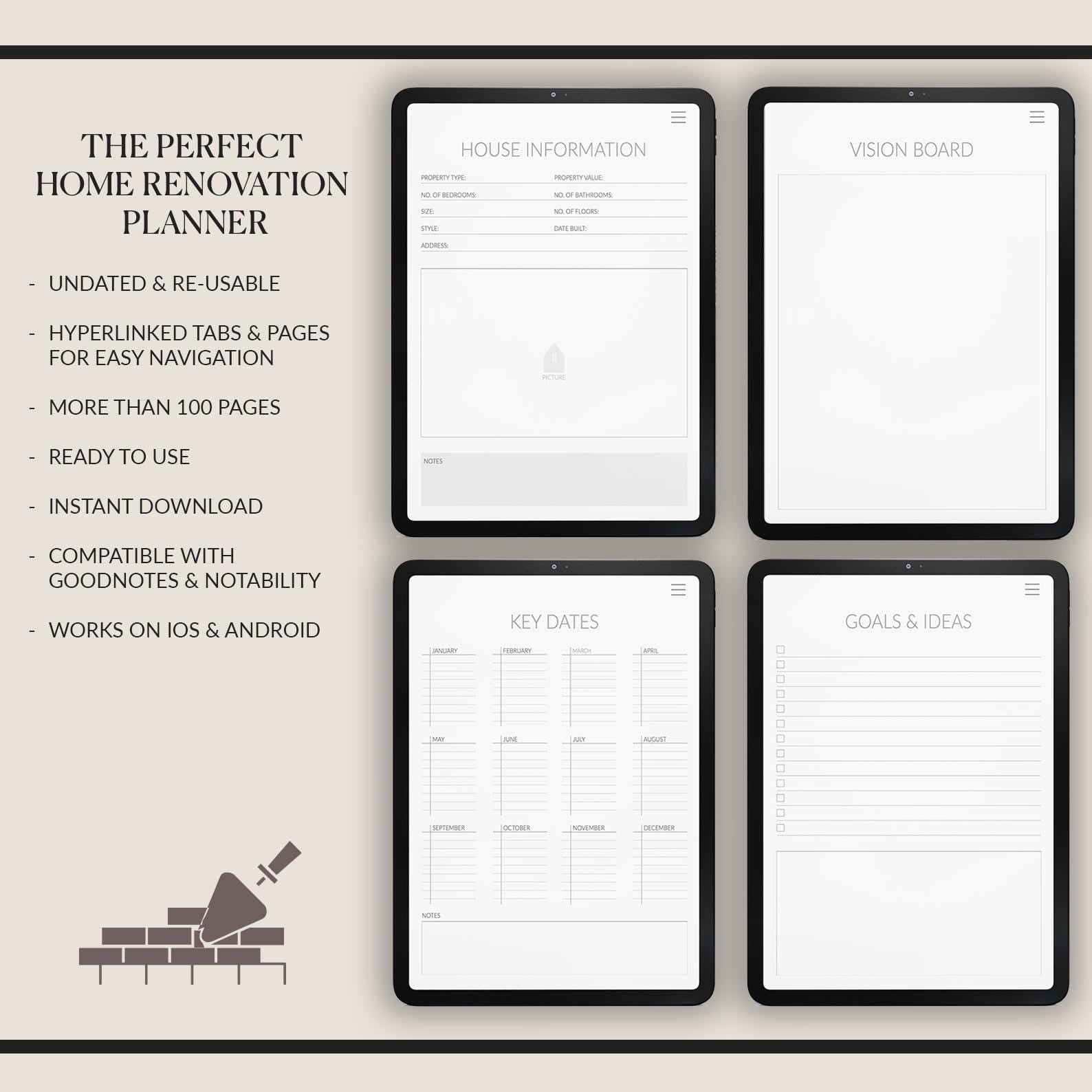 Home Renovation Planner: Project Management, Budget Tracker (GoodNotes Stickers Included)
