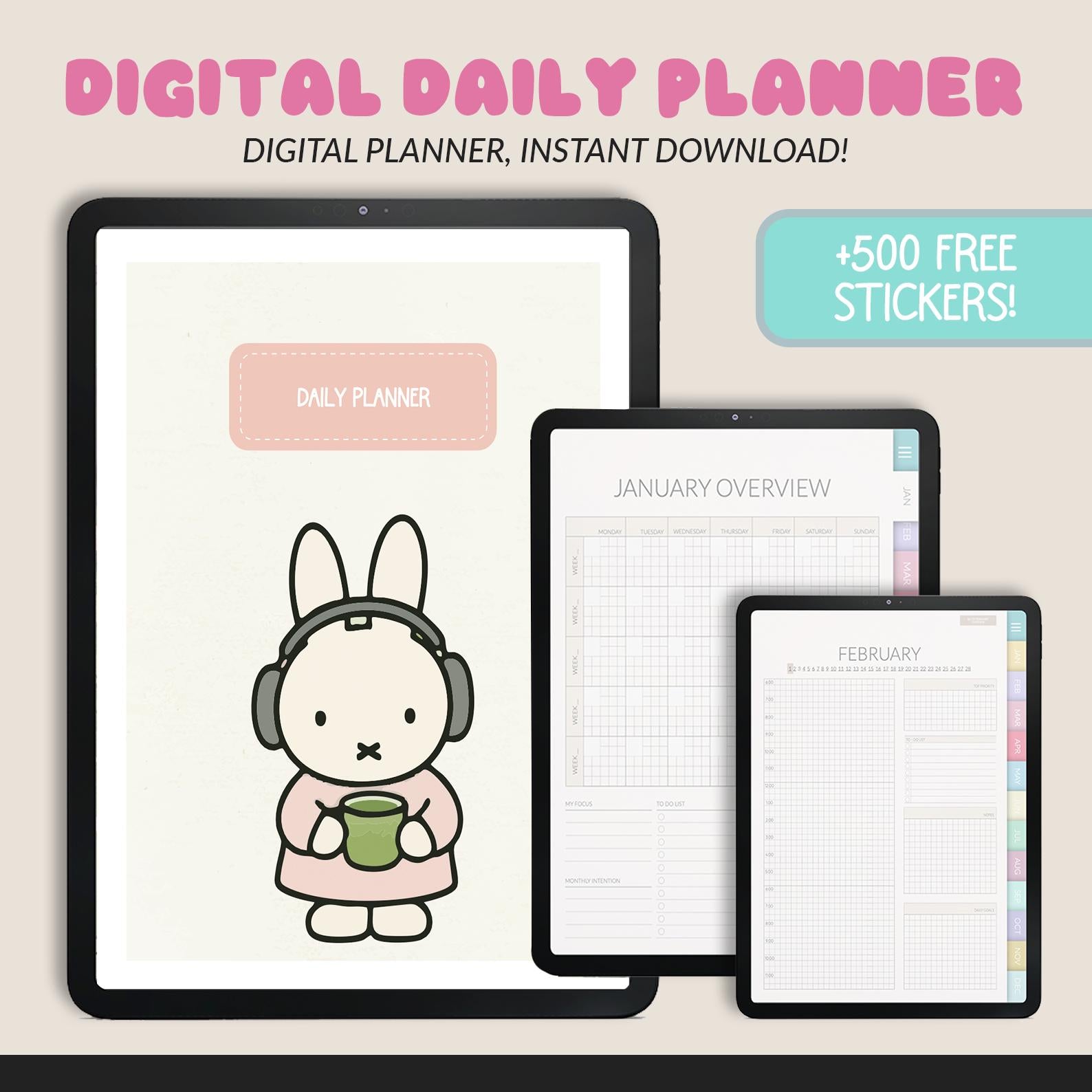 Undated Miffy Daily Planner: iPad GoodNotes Compatible + 500 Stickers