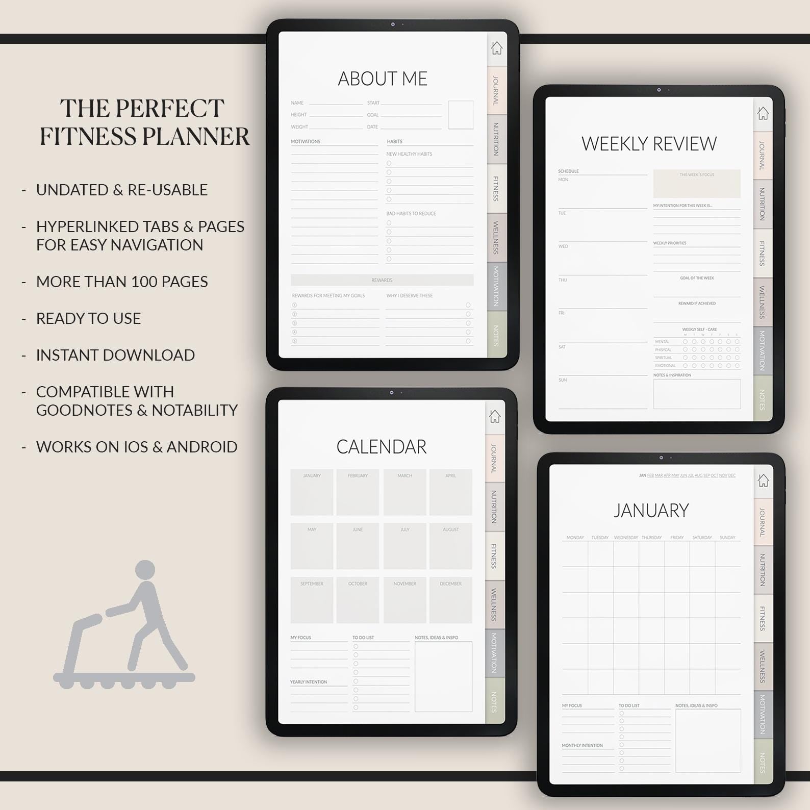 Fitness & Wellness Planner | Mood Tracker | Mindfulness Journal | Workout and Meal Organizer