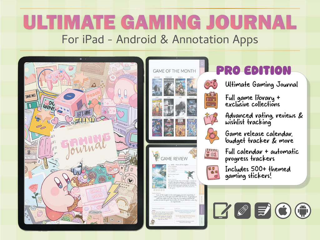 Kawaii Gaming Journal PRO: Interactive Gamer Logbook + 500 Stickers (GoodNotes)