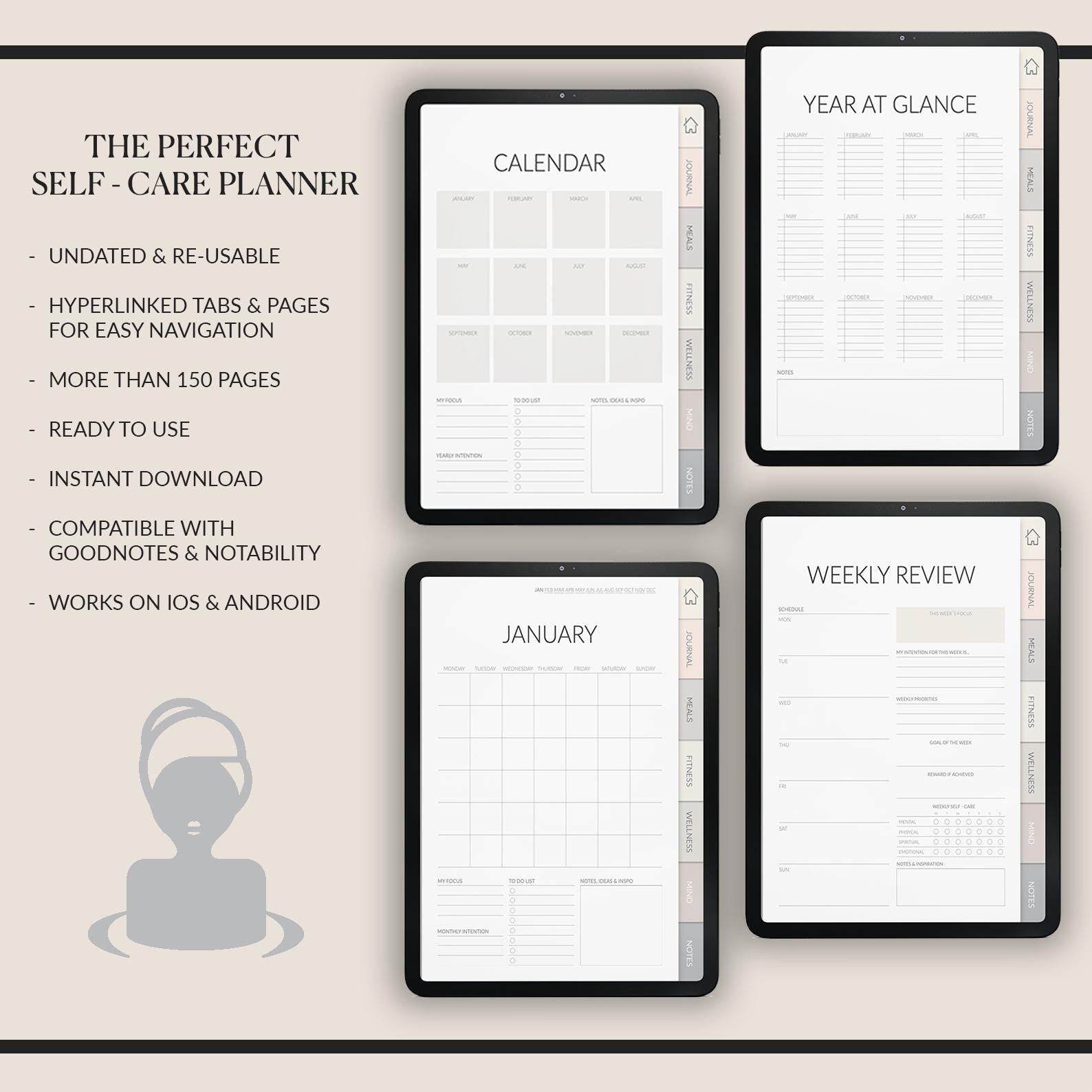 Self-Care Planner: Wellness Journal with 500+ Stickers (GoodNotes Compatible)