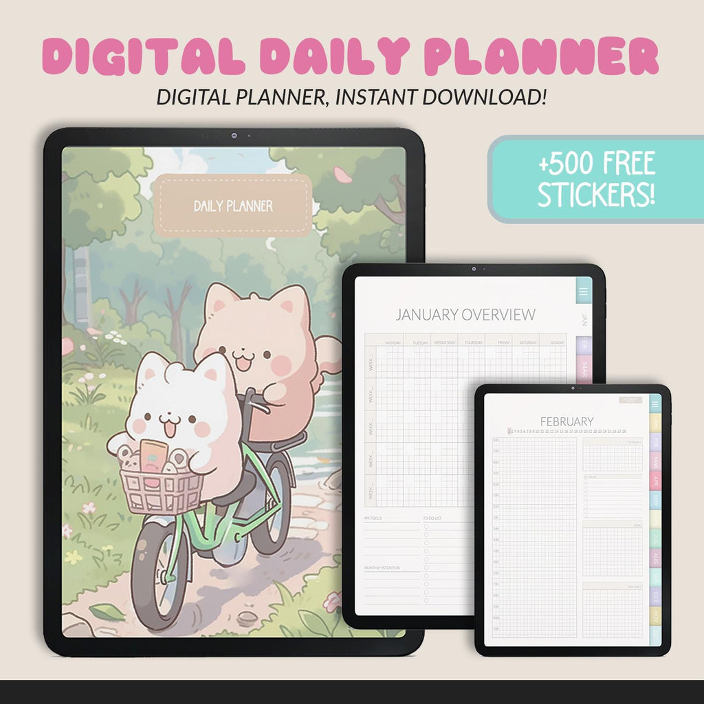 Undated Kawaii Daily Planner: iPad GoodNotes Compatible +500 Digital Stickers