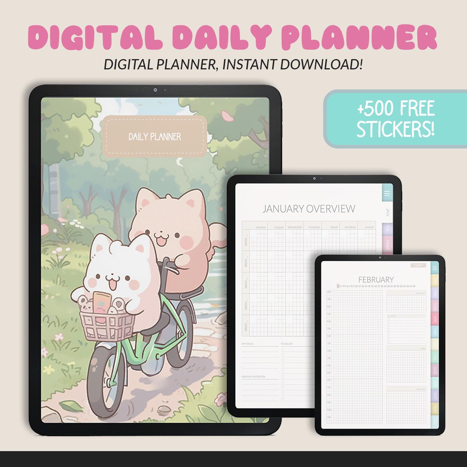 Undated Kawaii Daily Planner: iPad GoodNotes Compatible +500 Digital Stickers