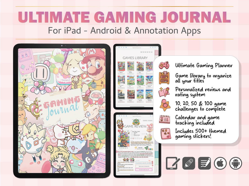 Digital Gaming Journal for Gamers | GoodNotes Planner + 500 Stickers | Game Tracker | Wishlist | Backlog