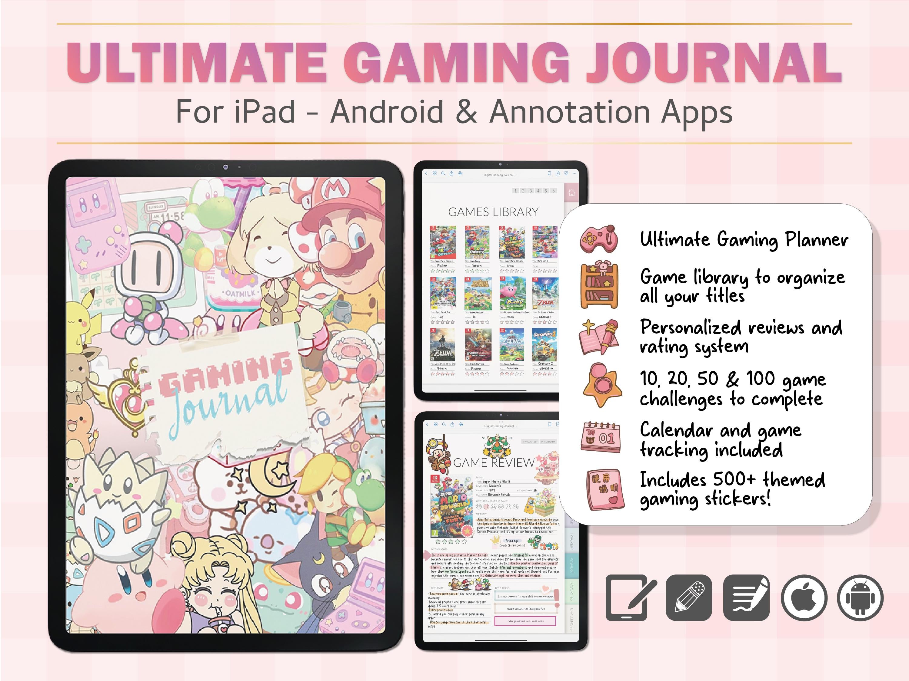 Digital Gaming Journal for Gamers | GoodNotes Planner + 500 Stickers | Game Tracker | Wishlist | Backlog