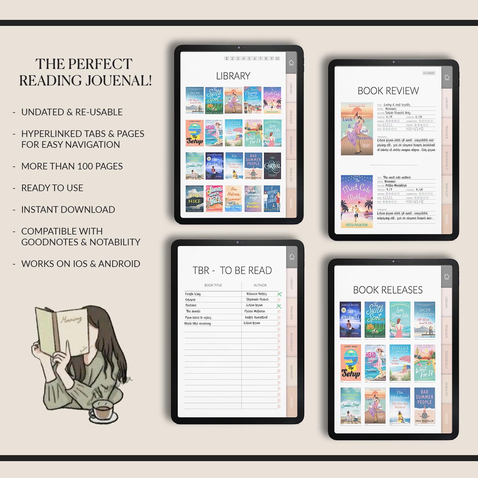 Minimalist Reading Journal | Book Tracker | TBR, Reviews, Monthly Log | GoodNotes & iPad Compatible