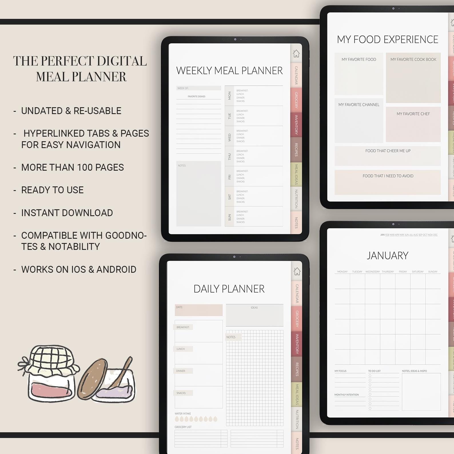 Digital Meal Planner: Weekly Prep & Grocery List (with 500+ Stickers)